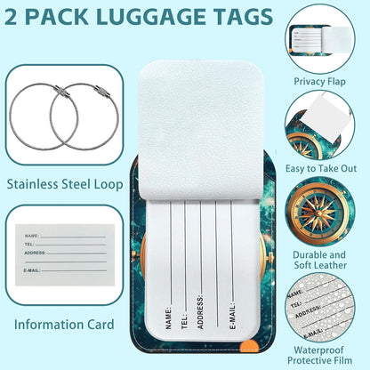 Old Compass on Vintage Map Luggage Tag for Suitcase Set of 2 PU Leather Cute Luggage Tags with Stainless Metal Loop ID Label Privacy Flap Suitcase Tags for Women and Men Travel