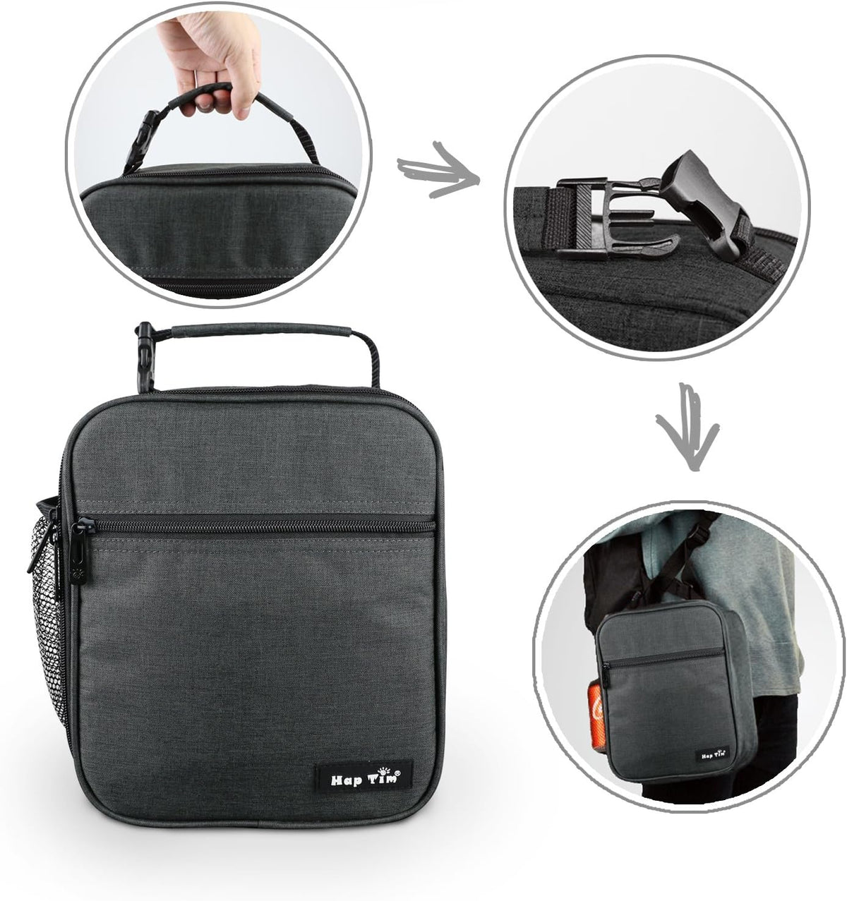 Hap Tim Insulated Lunch Box for Men, Reusable Lunch Bag for Women, Spacious Lunchbox Adult, Dark grey (18654-DG)