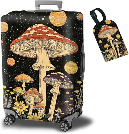 Luggage Cover + Tag, Mushrooms Travel Suitcase Protector for 22-24 inch Luggage (M) with Concealed Zipper, Washable Elastic Cloth, Dustproof, Anti-Scratch