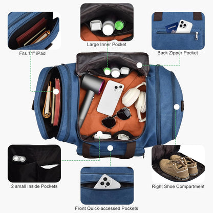 Felipe Varela 60L Duffle Bag for Men, Large Expandable Canvas Duffel Bag for Travel, Mens Carry On Luggage Bag Traveling Weekender Gym Overnight Bags for Airplanes, Blue