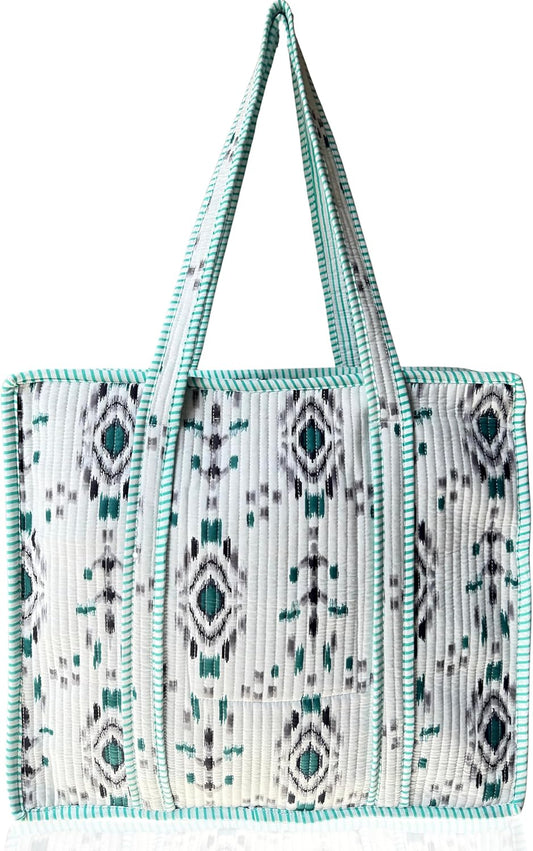 Cotton Quilted Tote Bag for Women – Large Beach & Travel Tote with Zipper, Reusable Grocery Bag