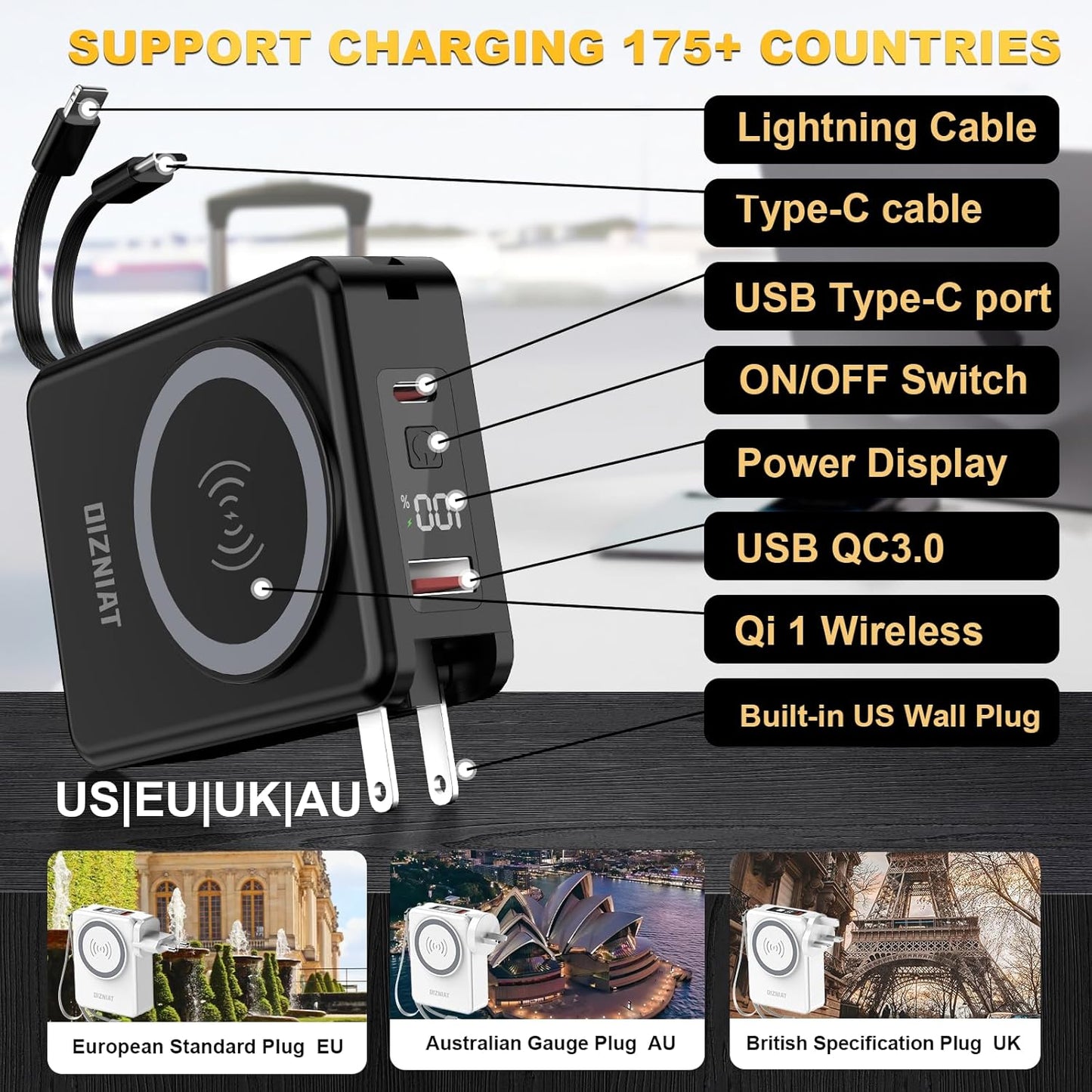 10000mAh Portable Charger Power Bank for magsafe, 22.5W Fast Charging Wall Plug Power Bank for iPhone Andriod Sumsung 5 in 1 Travel Wireless Charger Built in USB C Lightning Cables-B