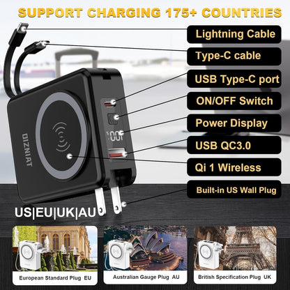 10000mAh Portable Charger Power Bank for magsafe, 22.5W Fast Charging Wall Plug Power Bank for iPhone Andriod Sumsung 5 in 1 Travel Wireless Charger Built in USB C Lightning Cables-B