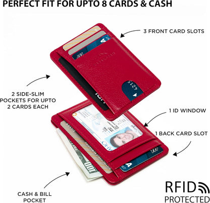 KARAKORAM Vertical Handcrafted Premium Leather Front Pocket Credit Card Holder with RIFD Protection | Artisan Made Slim Leather Wallet | Finger Glide Slots for Cards and ID (Summit Sunset Red)