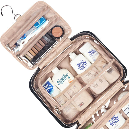 NISHEL Travel Toiletry Bag for women, Portable Hanging Organizer for Family-Sized Shampoo, Conditioner, Brushes Set, Makeup Accessories, Extra Large Size, Black