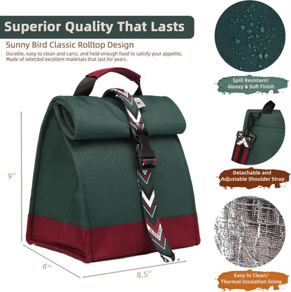 SUNNY BIRD Insulated Lunch Bag Rolltop Lunch Box Tote Bag for Women, Men, Adults and Teens (Green with Boho strap)