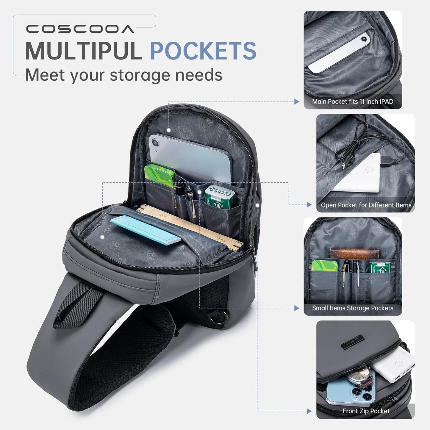 Sling Bag for Men, Anti-theft Crossbody Bag with USB Charging Port, PU Leather Shoulder Bag for Women Travel Outdoor Casual Sports Daypacks