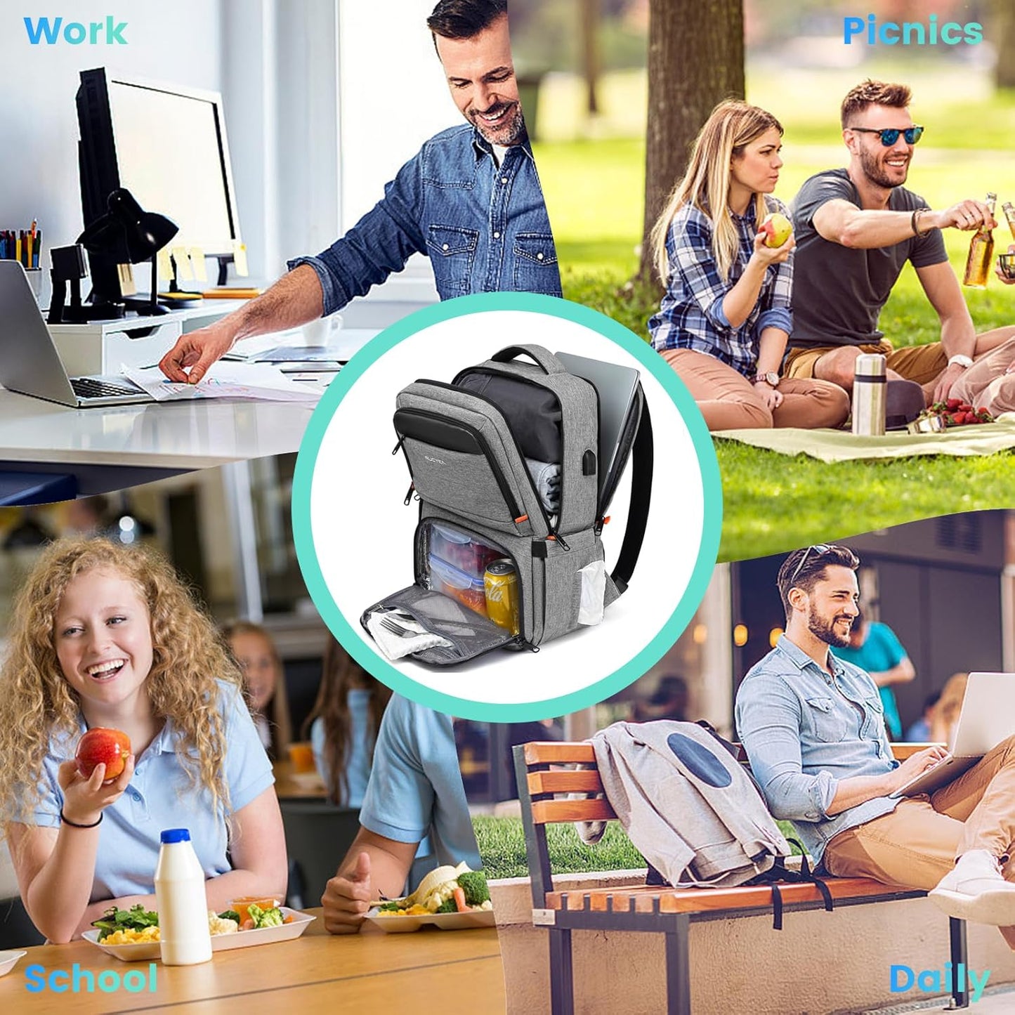 Lunch Backpack, Insulated Cooler Backpack Lunch Box for Men Women, 15.6 Inches RFID Blocking Laptop Backpack with USB Port for Work Travel Picnics Hiking Grey