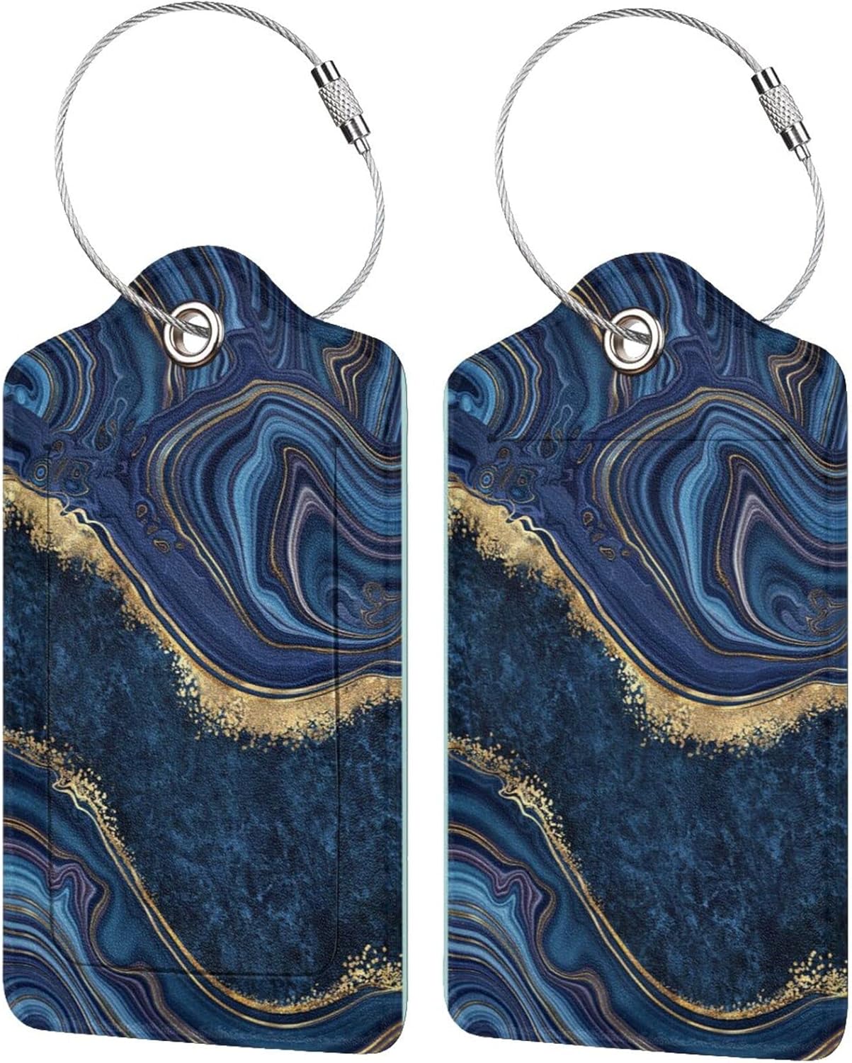 2PC Dark Blue Marble Luggage Tags Leather Suitcase Tag Privacy Name ID Card Quick to Find Out Travel Bag Labels with Stainless Steel Loop for Women Men Chilren Set of 2