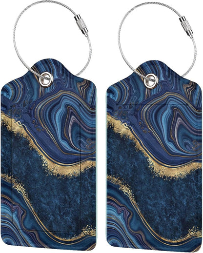 2PC Dark Blue Marble Luggage Tags Leather Suitcase Tag Privacy Name ID Card Quick to Find Out Travel Bag Labels with Stainless Steel Loop for Women Men Chilren Set of 2