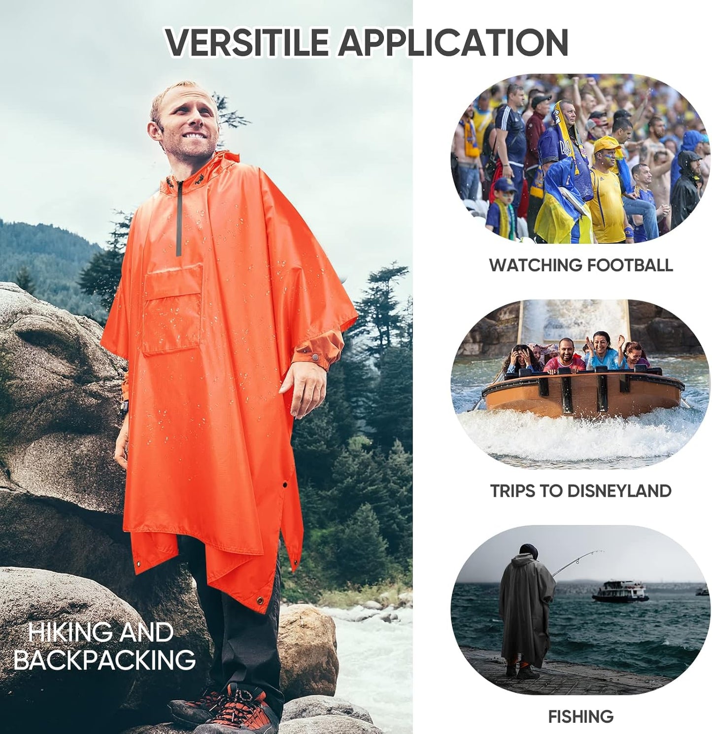 PTEROMY Hooded Rain Poncho for Adult with Pocket, Waterproof Lightweight Unisex Raincoat for Hiking Camping Emergency