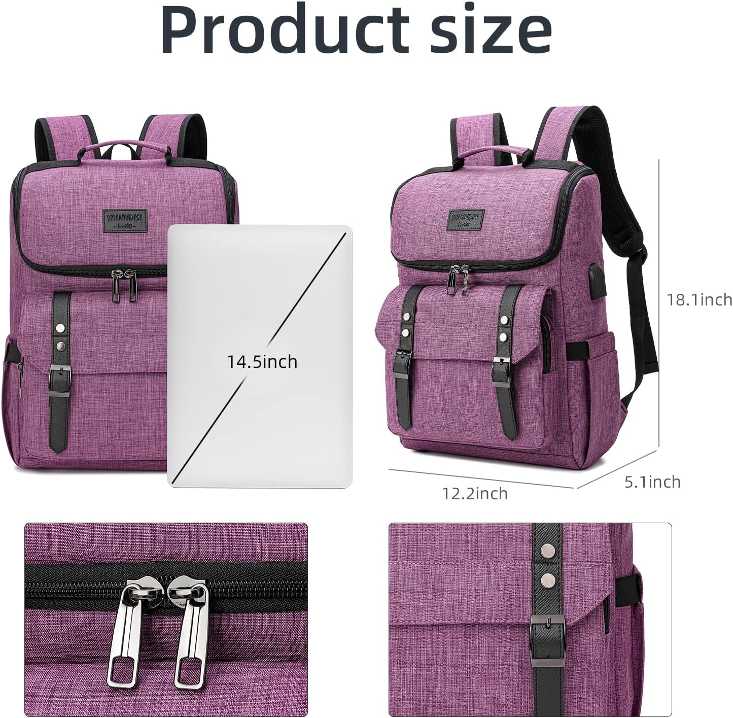 YALUNDISI Vintage Backpack Travel Laptop Backpack with usb Charging Port for Women & Men College Backpack Fits 15.6 Inch Laptop Purple