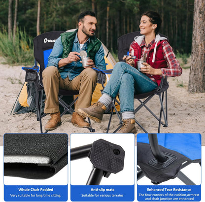 EMERIT Oversized Padded Camping Chair, 350LB Heavy Duty Quad Fold Chair with Arms, Collapsible Outdoor Chairs with Lumbar Back & Cup Holder