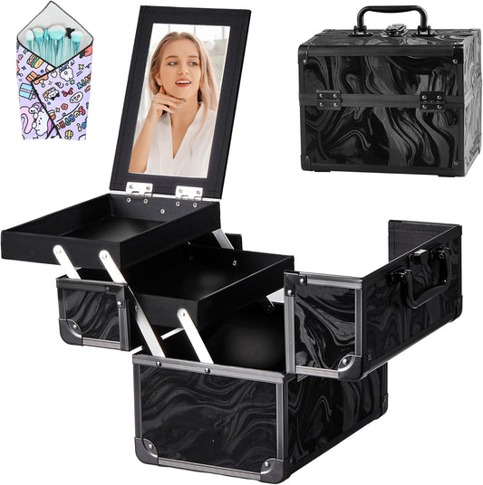 Makeup Train Case, Portable Makeup Case with Mirror, 2-Trays Cosmetic Organizer Case,Nail Polish Organizer, Travel Makeup Box, Profesional for Salon Barber, Pattern Black