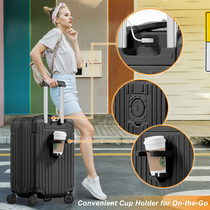 Krute Carry on Luggage 20 Inch Suitcases with Spinner Wheels Hardside Luggages Cup Holder Carry Suitcase USB Charger Port PC+ABS with TSA Lock