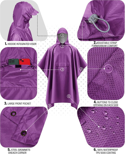 iCreek Hooded Rain Poncho with Pocket Waterproof Lightweight Unisex Raincoat Jacket for Hiking, Camping, Outdoor