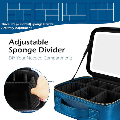 MOMIRA Travel Makeup Bag Cosmetic Bag Makeup Organizer Bag with Lighted Mirror, Adjustable Brightness in 3 Color Scenarios, Waterproof Makeup Train Case, Gift for Women - Phantom Blue