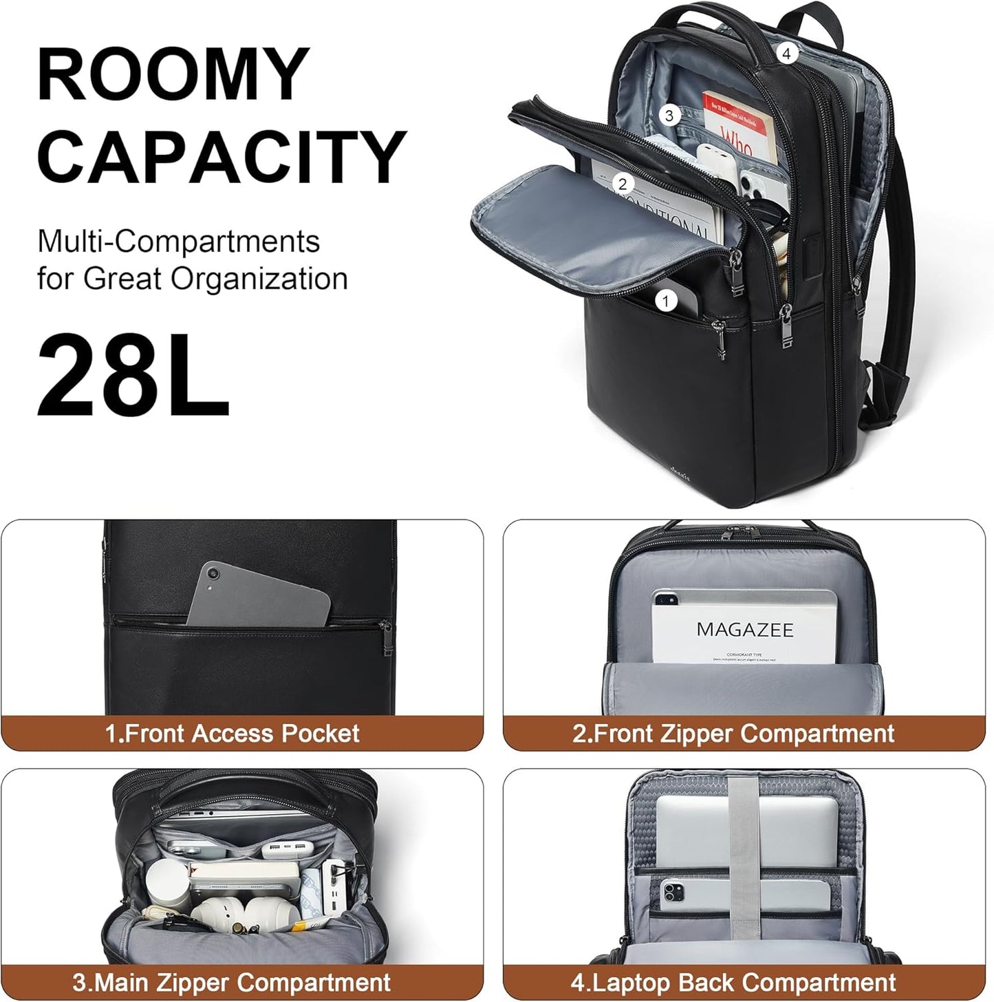 Vegan Leather Laptop Backpack for Women&Men,16 Inch Expandable Backpack with USB Charging Port,Two-toned Black