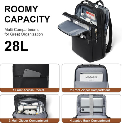 Vegan Leather Laptop Backpack for Women&Men,16 Inch Expandable Backpack with USB Charging Port,Two-toned Black