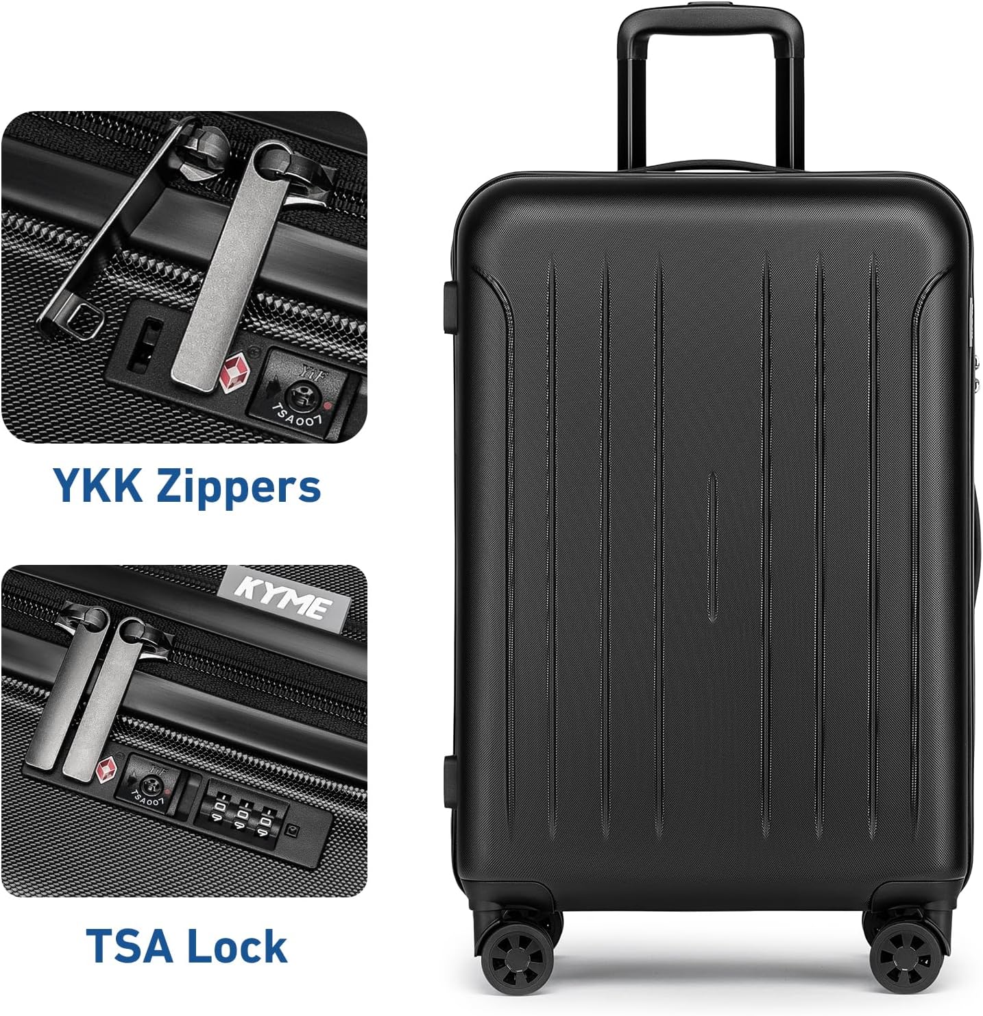 KYME Suitcase Hardshell With Double Spinner Wheels, PC+ABS TSA Lock Travel Luggage (Black, 2Pcs Set(20"/24"))