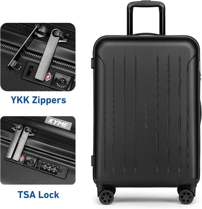 KYME Suitcase Hardshell With Double Spinner Wheels, PC+ABS TSA Lock Travel Luggage (Black, 2Pcs Set(20"/24"))