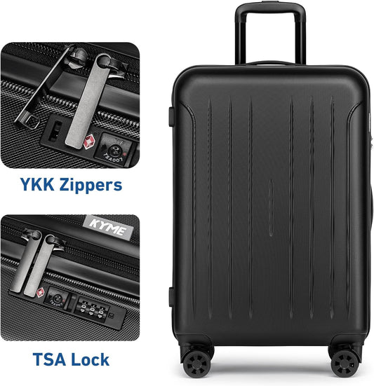 KYME Suitcase Hardshell With Double Spinner Wheels, PC+ABS TSA Lock Travel Luggage (Black, 2Pcs Set(20"/24"))