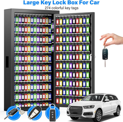250 Keys Key Lock Box Wall Mount with Additional 24 Side Hooks and Key Tags, Anti-Theft Key Box Key Cabinet with Side Drop Slot, Key Organizer Key Safe for Home Office Garage Rental Business
