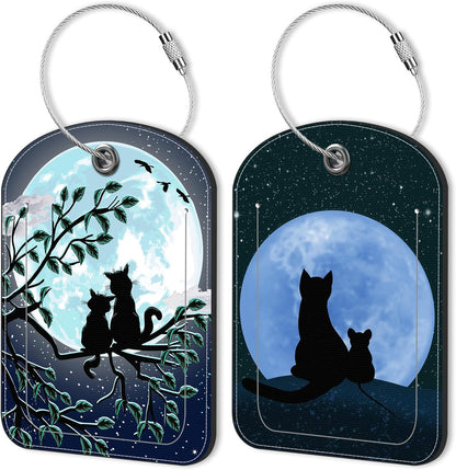 2 Pack Luggage Tag for Suitcase Cat Under The Moon Leather Suitcase Tags with Privacy Name ID Label and Stainless Steel Loop for Travel Bag