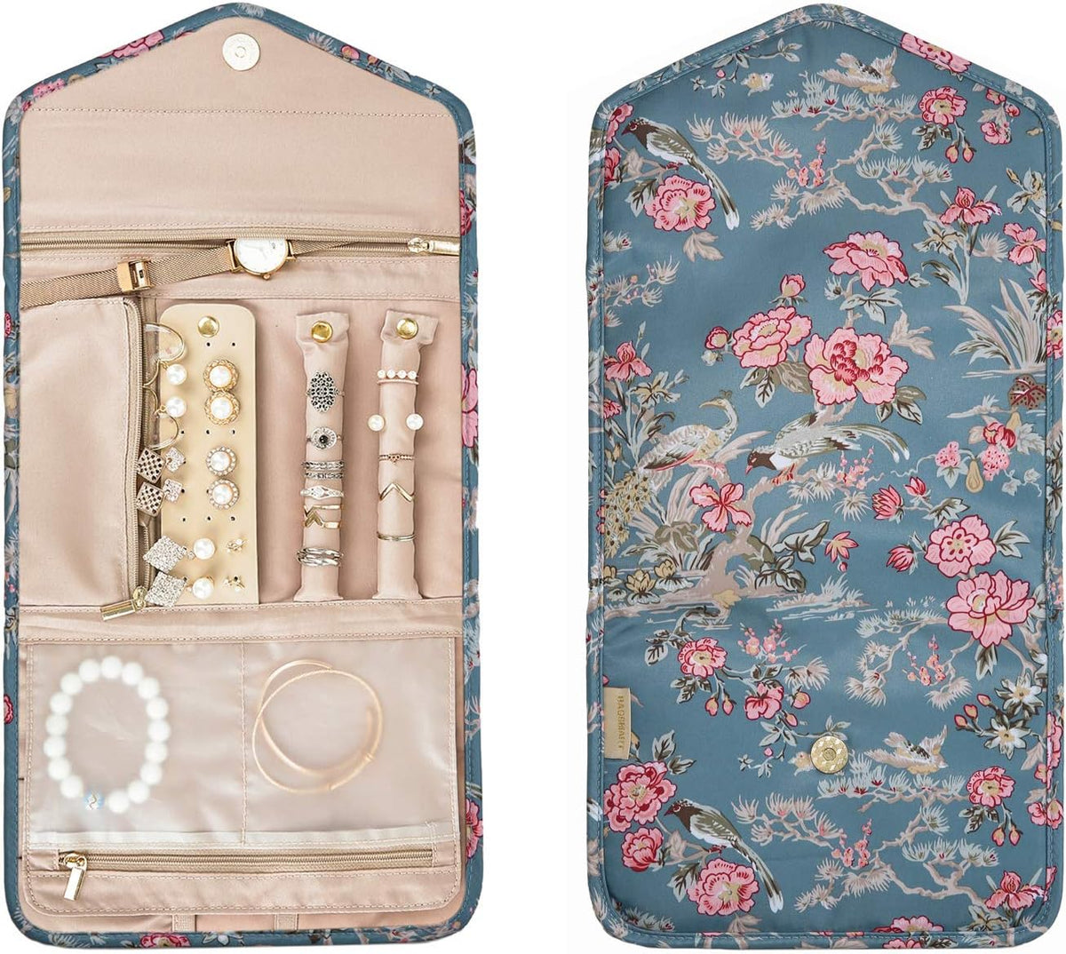 BAGSMART Travel Jewellery Organiser Roll Foldable Jewelry Case for Journey-Rings, Necklaces, Bracelets, Earrings, Flower Bird