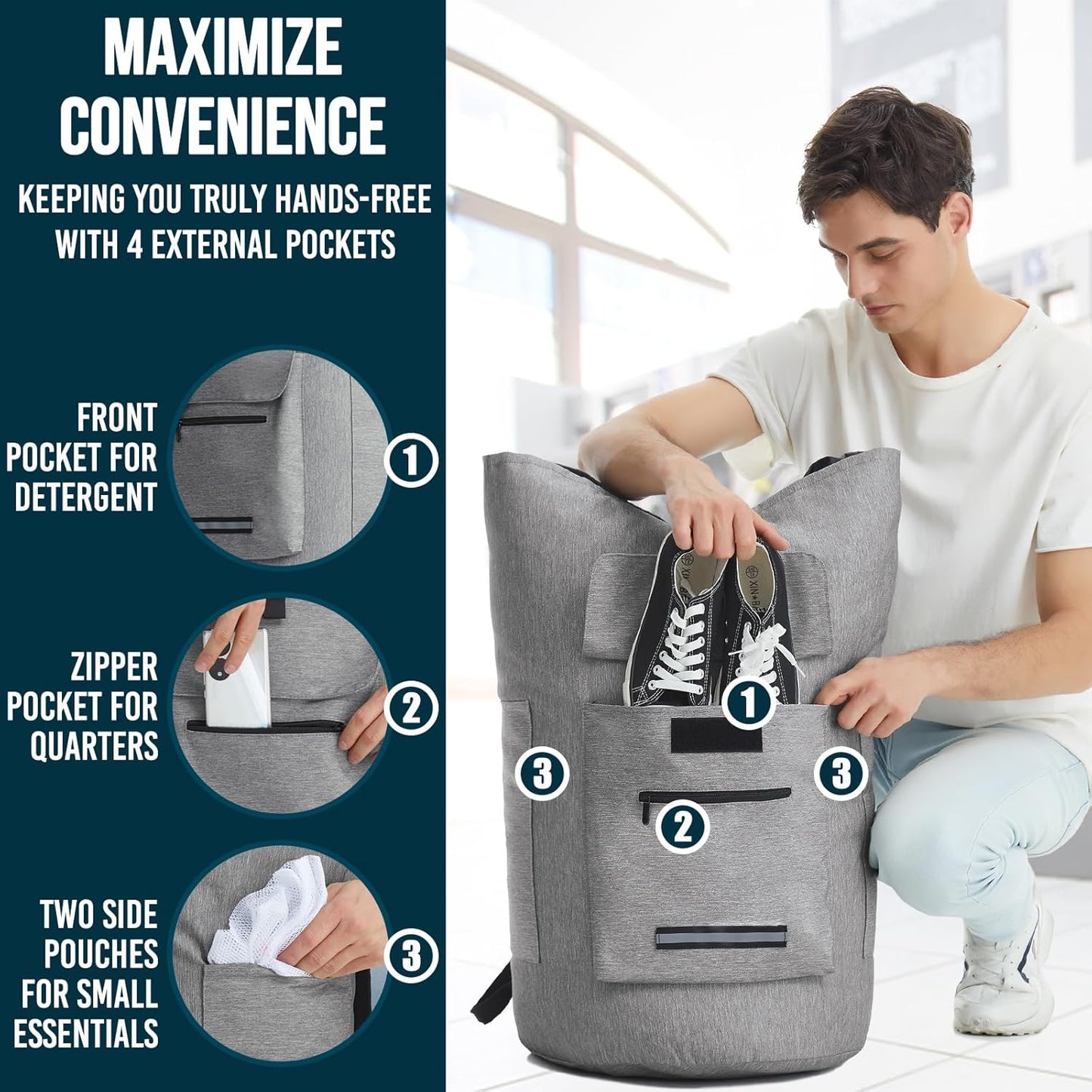 Laundry Bag Extra Large 115L, Laundry Backpack Bag, Laundry Bags Extra Large Heavy Duty, Laundry Bag with Straps, Clothes Hamper Bags with 4 Pockets, College Laundromat Backpack for Dorm Room