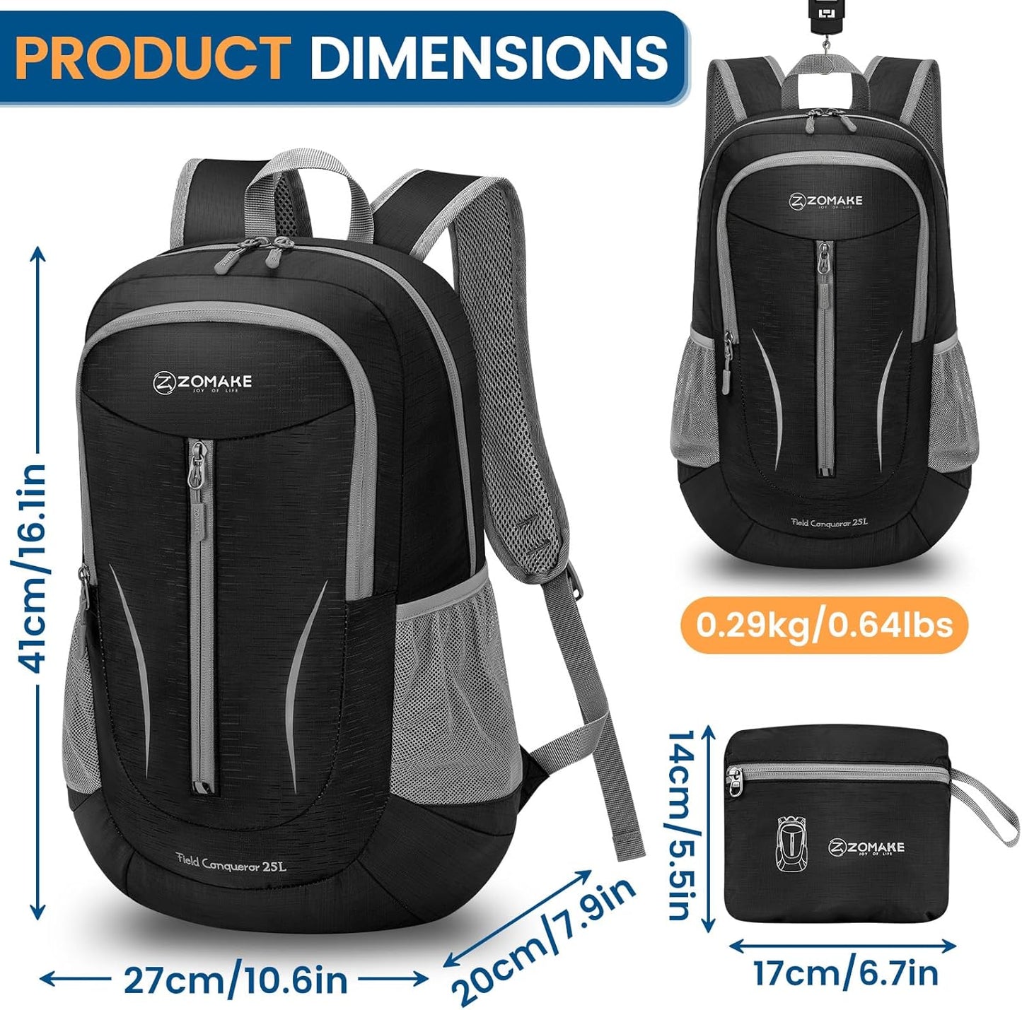 ZOMAKE Ultra Lightweight Packable Backpack 25L, Foldable Hiking Backpacks Water Resistant Small Folding Daypack for Travel(Solid Black)