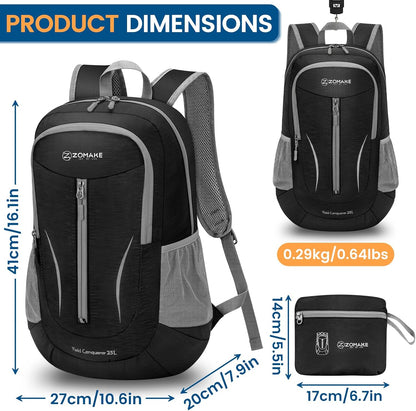 ZOMAKE Ultra Lightweight Packable Backpack 25L, Foldable Hiking Backpacks Water Resistant Small Folding Daypack for Travel(Solid Black)