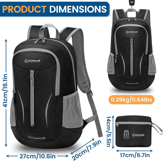 ZOMAKE Ultra Lightweight Packable Backpack 25L, Foldable Hiking Backpacks Water Resistant Small Folding Daypack for Travel(Solid Black)