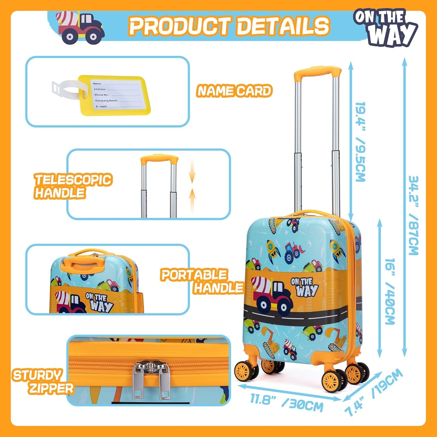 Kid’s Luggage Set 5 Piece Suitcase Set 16’’ Hardside Luggage with Spinner Wheels Girls Boys Carry on Toddler Luggage Travel Rolling Luggage Carry on Luggage Airline Approved Car