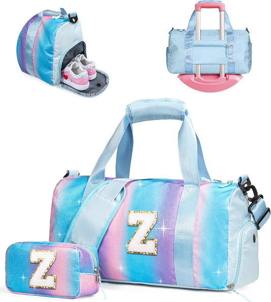 Birthday Gift for Granddaughter-Girl Gym Bag with Shoe Compartment, Kid Personalized Weekender Overnight Bags, Initial Travel Tote with Makeup Pouch, Christmas Gifts for Girls (Letter Z)