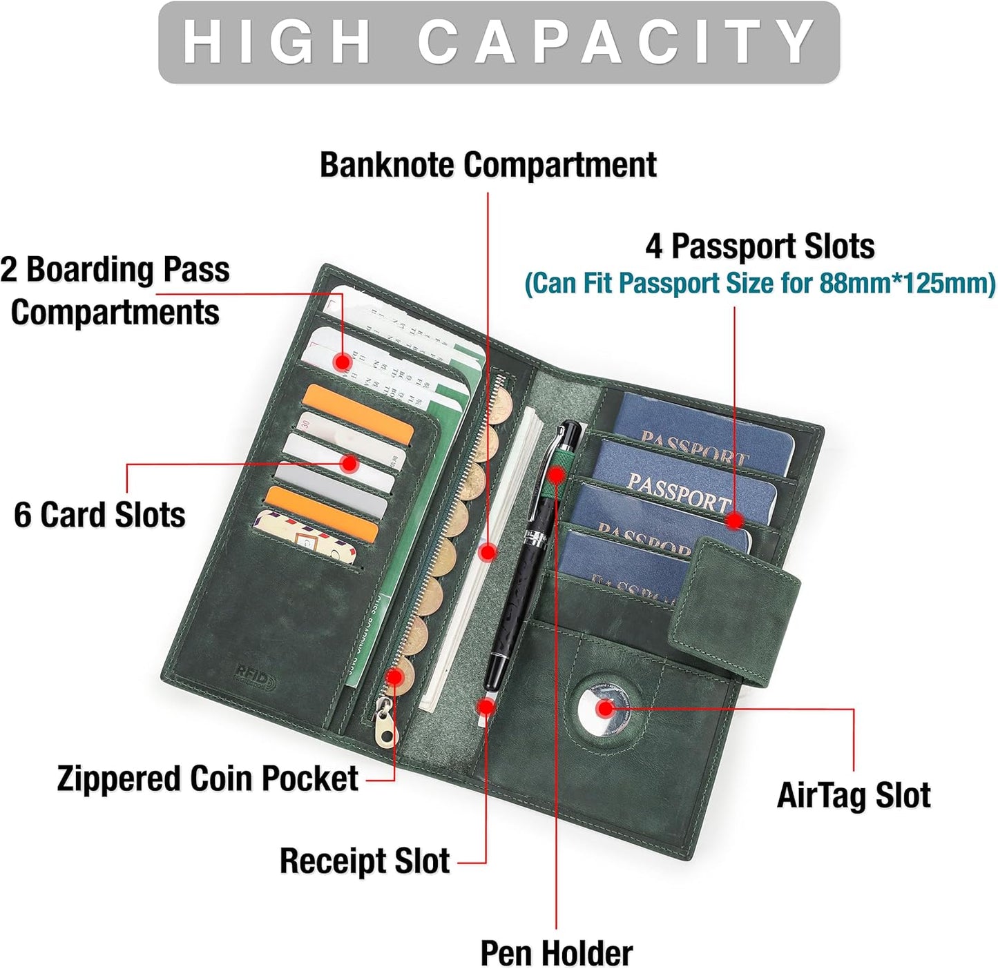 Top Grain Leather Travel Passport Wallet Holder for Man & Woman, Snap Button Design for 4 Passports & Multi Cards, RFID Blocking Large Capacity for Passports/Cards/Checks/Bills, Coffee