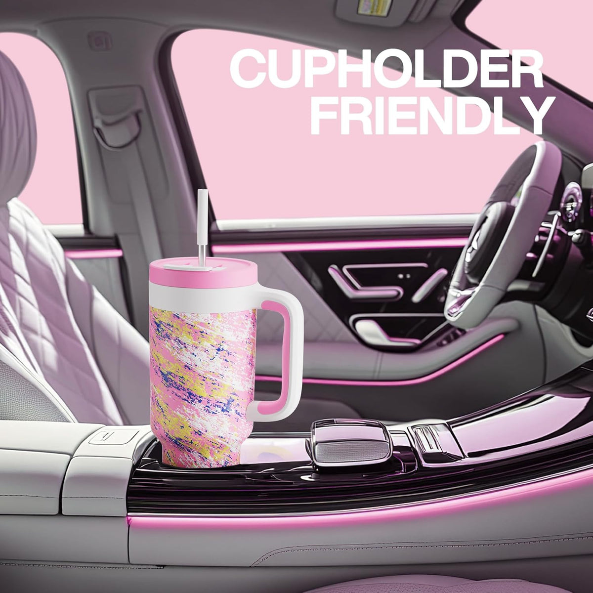 POWCAN 40 oz Tumbler with Handle, 2-in-1 Straw and Sip Lid, Leakproof, Dishwasher Safe, Insulated Stainless Steel Travel Coffee Mug, Keeps Cold for 34 Hours, Fits in Car Cup Holder (Pink Ladies)