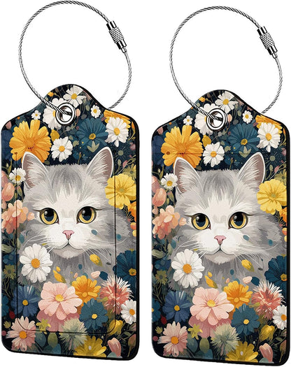 Cute Cat in Flowers 2 Pcs Luggage Tags,Privacy Cover ID Label with Stainless Steel Loop and Address Card for Travel Bag Suitcase,