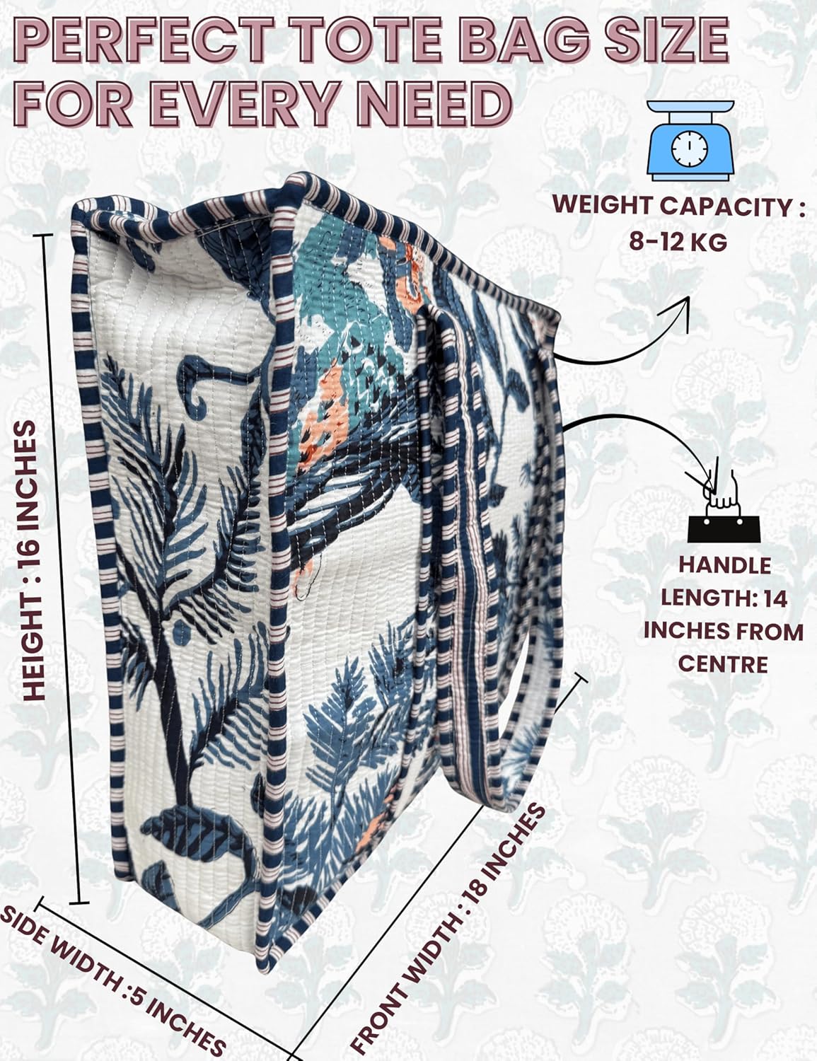 Cotton Quilted Tote Bag for Women – Large Beach & Travel Tote with Zipper, Reusable Grocery Bag