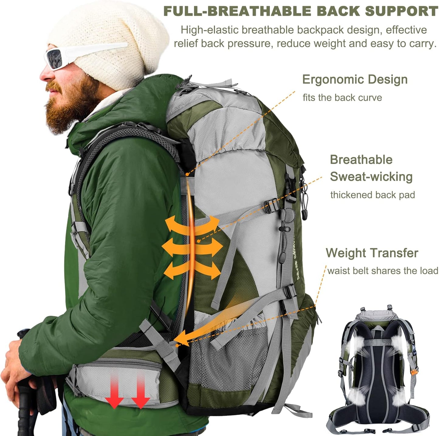 Loowoko 50L Hiking Backpack, Waterproof Camping Essentials Bag with Rain Cover, 45+5 Liter Lightweight Backpacking Back Pack