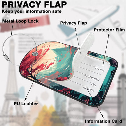 2 PCS Leather Luggage Tag for Suitcase Japanese Mountains Travel Suitcase Labels with Privacy Name ID Label and Stainless Steel Loop for Adults Teens Travel Bag Labels Set