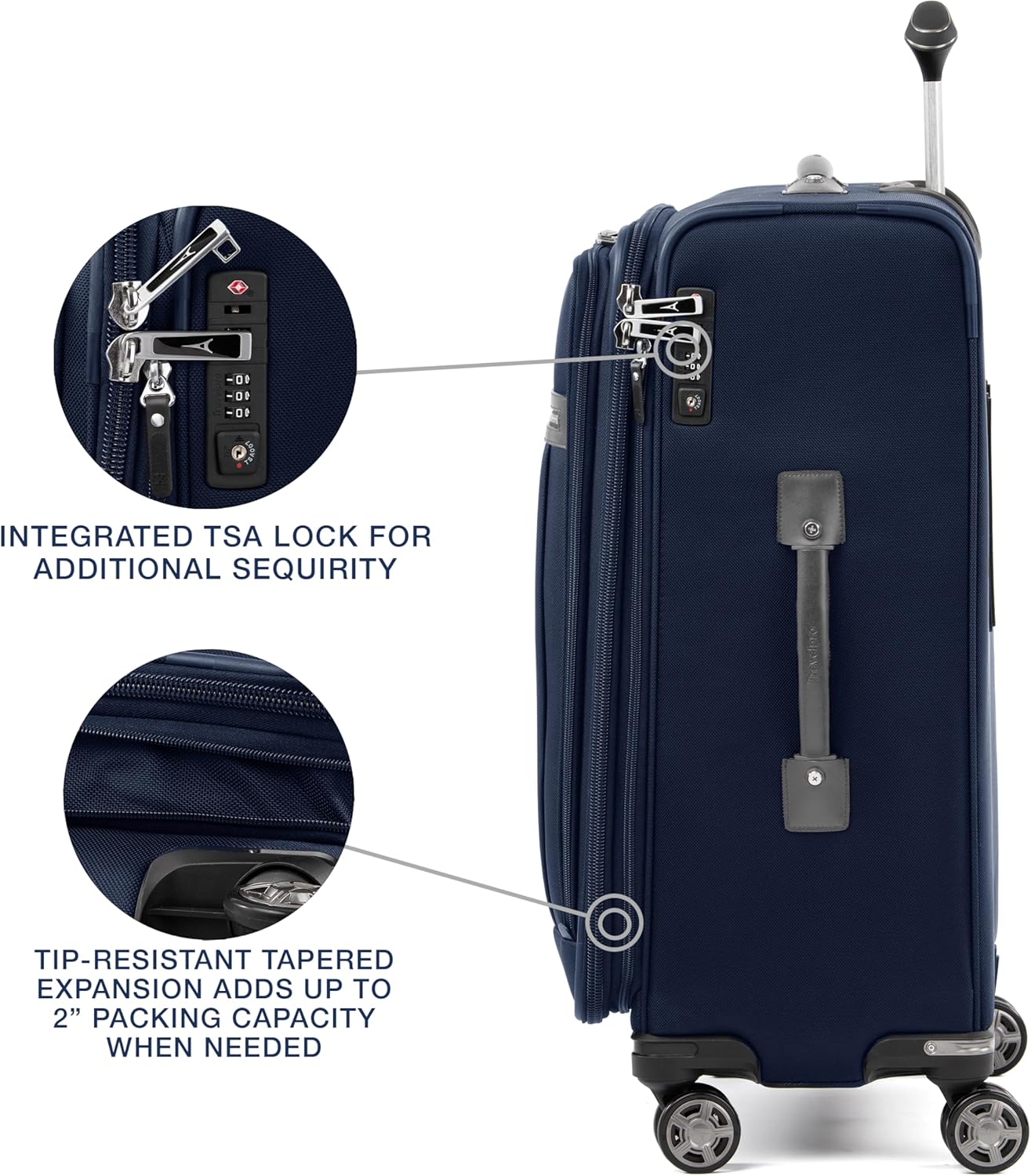 Travelpro Platinum Elite Softside Expandable Checked Luggage, 8 Wheel Spinner Suitcase, TSA Lock, Men and Women, Dark Blue, Checked Medium 25-Inch