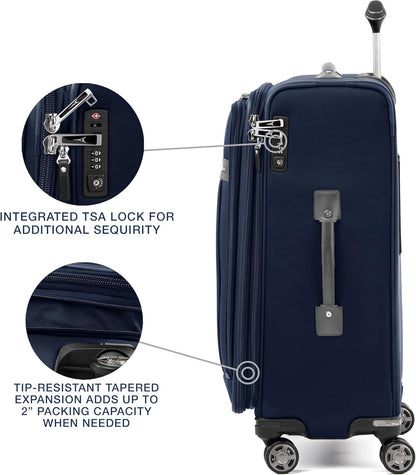 Travelpro Platinum Elite Softside Expandable Checked Luggage, 8 Wheel Spinner Suitcase, TSA Lock, Men and Women, Dark Blue, Checked Medium 25-Inch