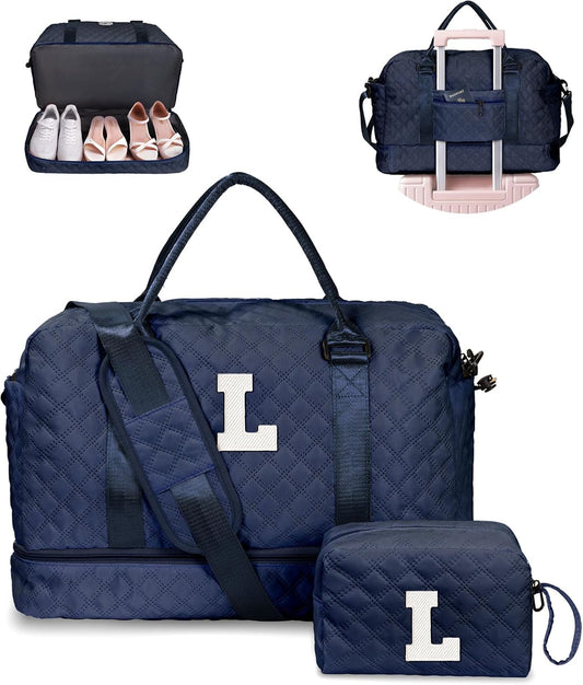 Personalized Gifts-Initial Duffle Bag with Shoe Compartment, Personalized Weekender Bag, Monogram Overnight Bag, Letter Travel Bag with Makeup Bag，Birthday Gift for Women Girl (Letter L)