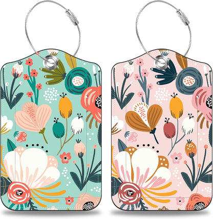 2 Pcs Spring Flowers and Berries Luggage Tags for Suitcases PU Leather Baggage Tags Name ID Label with Privacy Cover and Stainless Steel Loop for Men Women Travel Bag Suitcase