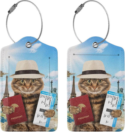 2 Pack Funny Cat Passport Luggage Tags for Suitcases Women Men Kids, Bag Tags for Leather Luggage with Waterproof Suitcase Tags Privacy Cover Name ID Label Steel Loop for Travel Bag Suitcase