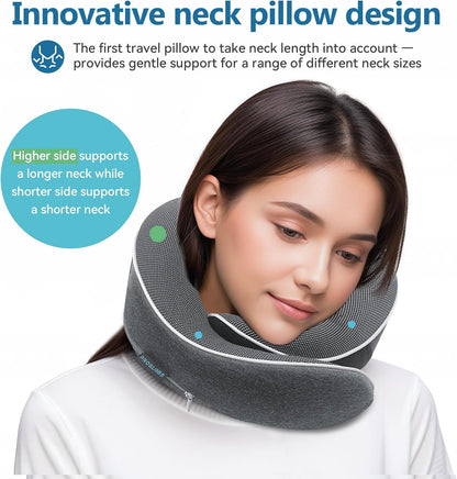 Travel Neck Pillow 100% Memory Foam – Airplane & Car Travel Essentials Kit with 3D Eye Mask, Earplugs & Mesh Bag – Sleeping Support Pillow for Adults (Dark Grey)