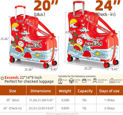Kids' Lightweight Ride on Luggage with Spinner Wheels & Foldabe Design (Red, 20"+ Aged 1-3 Toddler),Children Holiday Birthday Gift