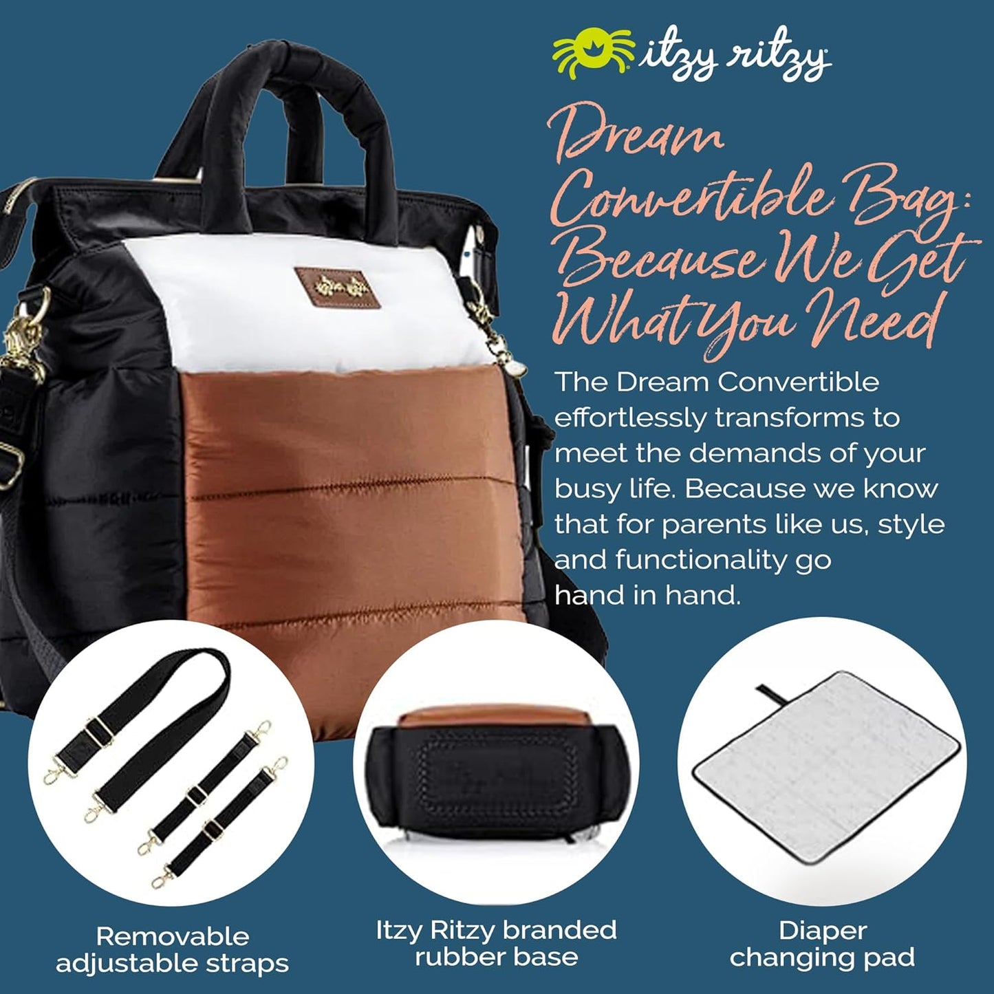 Itzy Ritzy Dream Convertible Diaper Bag Tote Backpack - Baby Diaper Bag with 14 Pockets, Changing Pad & More (Coffee & Cream)