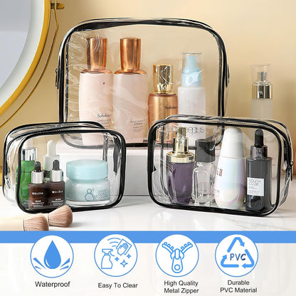 3 Pack Clear Cosmetic Bag, Waterproof Toiletry Bag with Zipper, Transparent Travel Makeup Bags, TSA Approved Clear Organizer Bags, PVC Cosmetic Pouch Case for Vacation Airport Airline Compliant